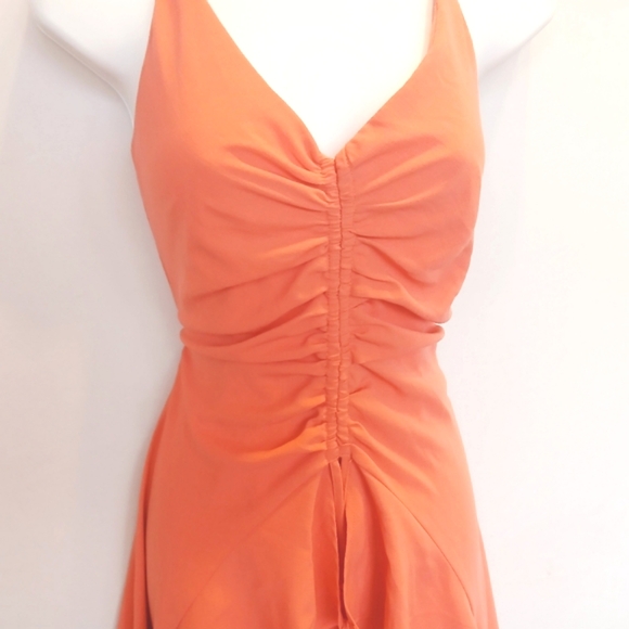 Sleeveless Ruffle High-Low Mini Dress, Long Flowy Back, Fitted Bodice Papaya M - Picture 6 of 10